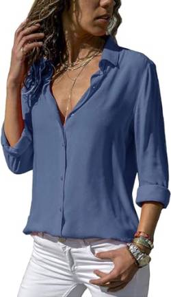 ASKSA Damen Bluse Chiffon Elegant Langarm/Kurzarm Oberteile Einfarbig V-Ausschnitt Lose Hemdbluse T-Shirt Tops (Blau,L) von ASKSA