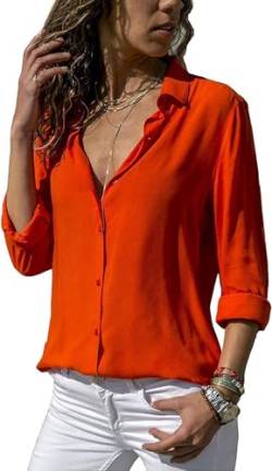 ASKSA Damen Bluse Chiffon Elegant Langarm/Kurzarm Oberteile Einfarbig V-Ausschnitt Lose Hemdbluse T-Shirt Tops (Orange,M) von ASKSA