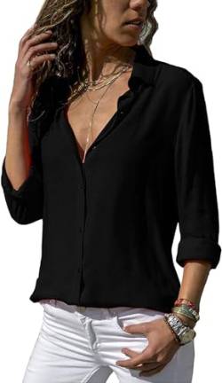 ASKSA Damen Bluse Chiffon Elegant Langarm/Kurzarm Oberteile Einfarbig V-Ausschnitt Lose Hemdbluse T-Shirt Tops (Schwarz,L) von ASKSA