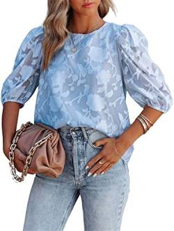 ASKSA Damen Bluse Elegant Chiffon Shirt Rundhal Hemd Sommer Tunika Tops Puffärmeln Oberteil (Himmelblau,L) von ASKSA