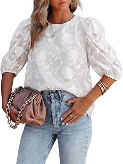 ASKSA Damen Bluse Elegant Chiffon Shirt Rundhal Hemd Sommer Tunika Tops Puffärmeln Oberteil (Weiß,XL) von ASKSA