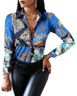 ASKSA Damen Bluse Langarm V-Ausschnitt Drucken Patchwork Hemd Elegant Button Tunika Lose Langarmshirt(Blau Seestern,M) von ASKSA