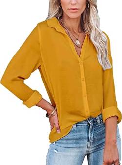 ASKSA Damen Bluse Langarm V-Ausschnitt Hemden Elegant Knöpfen Oberteile Casual Einfarbig Tunika Revers Langarmshirt (Gelb,XL) von ASKSA