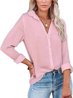 ASKSA Damen Bluse Langarm V-Ausschnitt Hemden Elegant Knöpfen Oberteile Casual Einfarbig Tunika Revers Langarmshirt (Rosa,XL) von ASKSA