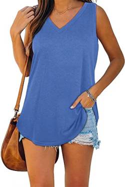 ASKSA Damen Bluse V-Ausschnitt Ärmellose Einfarbige T-Shirt Sommer Elegant Casual Loose Fit Tank Tops Shirt（Verpackung MEHRWEG） (Blau,M) von ASKSA