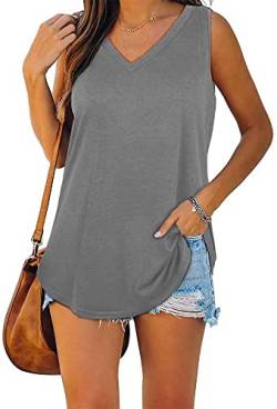 ASKSA Damen Bluse V-Ausschnitt Ärmellose Einfarbige T-Shirt Sommer Elegant Casual Loose Fit Tank Tops Shirt（Verpackung MEHRWEG） (Grau,L) von ASKSA