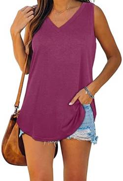 ASKSA Damen Bluse V-Ausschnitt Ärmellose Einfarbige T-Shirt Sommer Elegant Casual Loose Fit Tank Tops Shirt（Verpackung MEHRWEG） (Lila,M) von ASKSA