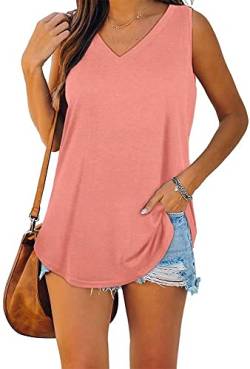 ASKSA Damen Bluse V-Ausschnitt Ärmellose Einfarbige T-Shirt Sommer Elegant Casual Loose Fit Tank Tops Shirt（Verpackung MEHRWEG） (Rosa,L) von ASKSA