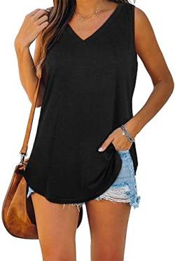 ASKSA Damen Bluse V-Ausschnitt Ärmellose Einfarbige T-Shirt Sommer Elegant Casual Loose Fit Tank Tops Shirt（Verpackung MEHRWEG） (Schwarz,L) von ASKSA