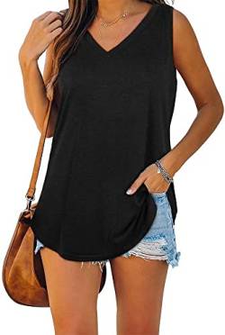 ASKSA Damen Bluse V-Ausschnitt Ärmellose Einfarbige T-Shirt Sommer Elegant Casual Loose Fit Tank Tops Shirt（Verpackung MEHRWEG） (Schwarz,XL) von ASKSA