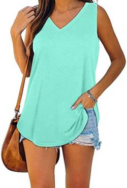ASKSA Damen Bluse V-Ausschnitt Ärmellose Einfarbige T-Shirt Sommer Elegant Casual Loose Fit Tank Tops Shirt（Verpackung MEHRWEG） (Seegrün,M) von ASKSA