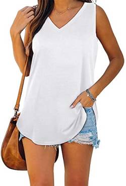 ASKSA Damen Bluse V-Ausschnitt Ärmellose Einfarbige T-Shirt Sommer Elegant Casual Loose Fit Tank Tops Shirt（Verpackung MEHRWEG） (Weiß,M) von ASKSA