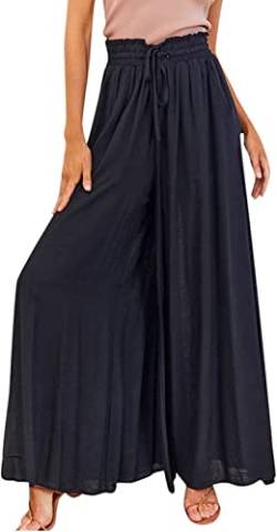 ASKSA Damen Breites Bein Hose Sommer Hohe Waist Plissee Hosen Elegante Einfarbig Leicht Hosenrock Sommerhose mit Tasche Freizeithose (Schwarz,M) von ASKSA