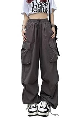 ASKSA Damen Cargohose Baggy Weites Bein Hose Y2K Track Pants Vintage Hohe Taille Elastische Freizeithose mit Taschen (Grau,3XL) von ASKSA