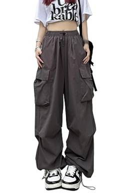 ASKSA Damen Cargohose Baggy Weites Bein Hose Y2K Track Pants Vintage Hohe Taille Elastische Freizeithose mit Taschen (Grau,XL) von ASKSA