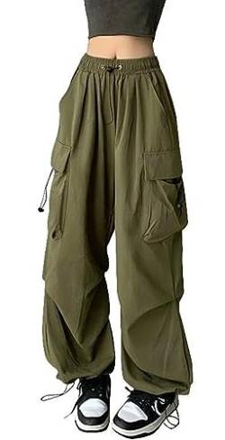 ASKSA Damen Cargohose Baggy Weites Bein Hose Y2K Track Pants Vintage Hohe Taille Elastische Freizeithose mit Taschen (Grün,S) von ASKSA