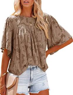 ASKSA Damen Chiffon Bluse 3/4 Glockenärmel Tunika Elegant Spitzenoberteile Lose Sommer Hemd Tops Rundhals Babydoll Shirts Oberteile(Braun,XXL) von ASKSA