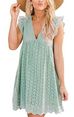 ASKSA Damen Elegant Rüschen Kleider Integriertem Shorts Sommer V-Ausschnitt Minikleid Freizeit Kleid mit Taschen (Grün,M) von ASKSA