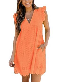 ASKSA Damen Elegant Rüschen Kleider Integriertem Shorts Sommer V-Ausschnitt Minikleid Freizeit Kleid mit Taschen (Orange,S) von ASKSA