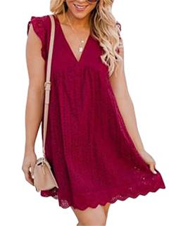 ASKSA Damen Elegant Rüschen Kleider Integriertem Shorts Sommer V-Ausschnitt Minikleid Freizeit Kleid mit Taschen (Rot,XL) von ASKSA