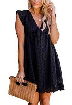 ASKSA Damen Elegant Rüschen Kleider Integriertem Shorts Sommer V-Ausschnitt Minikleid Freizeit Kleid mit Taschen (Schwarz,XL) von ASKSA
