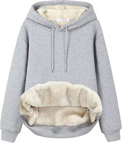 ASKSA Damen Fleece Kapuzenpullover Pullover Plüsch Hoodie Sweatshirt Lammhaar Futter Pulli Oversized Sherpa Dicker Oberteil mit Taschen(Grau,XXL) von ASKSA