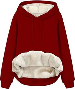 ASKSA Damen Fleece Kapuzenpullover Pullover Plüsch Hoodie Sweatshirt Lammhaar Futter Pulli Oversized Sherpa Dicker Oberteil mit Taschen(Rot,L) von ASKSA