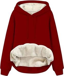 ASKSA Damen Fleece Kapuzenpullover Pullover Plüsch Hoodie Sweatshirt Lammhaar Futter Pulli Oversized Sherpa Dicker Oberteil mit Taschen(Rot,S) von ASKSA