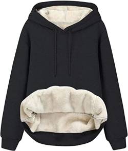 ASKSA Damen Fleece Kapuzenpullover Pullover Plüsch Hoodie Sweatshirt Lammhaar Futter Pulli Oversized Sherpa Dicker Oberteil mit Taschen(Schwarz,L) von ASKSA