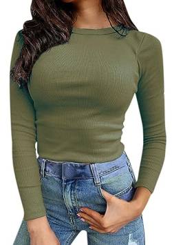 ASKSA Damen Gerippt Langarmshirt Slim Fit Langarm Oberteile Basic T-Shirt Top Pullover Langarm Shirts (Armeegrün,M) von ASKSA