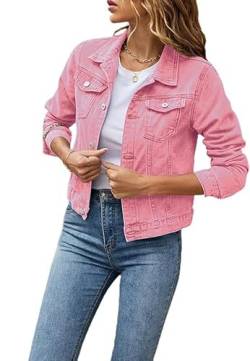 ASKSA Damen Jeansjacke Leichte Kurze Jacke Casual Lange Mantel Denim Outwear (Rosa,S) von ASKSA