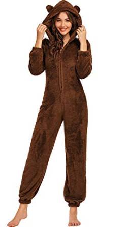 ASKSA Damen Jumpsuit Flanell Furry Reißverschluss Einteiler Overall mit Kapuze Flauschig Warme One Piece Pyjama (Braun,S) von ASKSA