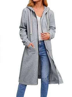 ASKSA Damen Kapuzenjacke Kapuzenpullover Lange Sweatjacke mit Kapuze Hoodie Reißverschluss Oversize Lose Sweatshirt Outwear (Grau,XXL) von ASKSA