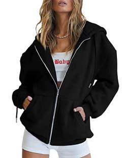 ASKSA Damen Kapuzenjacke Vintage Oversize Sweatjacke Reißverschluss Women's Hoodie Sweatshirt mit Kapuze (Schwarz,S) von ASKSA