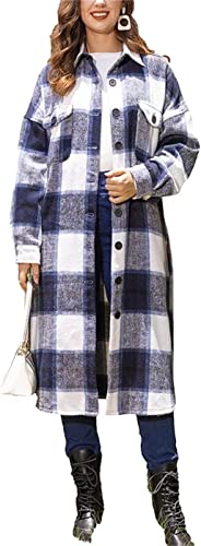 ASKSA Damen Karierte Hemdjacke Bluse Taschen Knöpfen Langarm Oversize Lange Mantel Jacke Holzfällerhemd Mode Boyfriend Shacket Jacken(Dunkelblau,S) von ASKSA