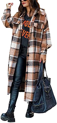 ASKSA Damen Kariertes Lange Hemdjacke Bluse Taschen Knöpfen Langarm Oversize Mantel Jacke Holzfällerjacke Mode Boyfriend Shacket Jacken(Braun,XXL) von ASKSA