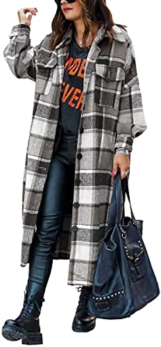 ASKSA Damen Kariertes Lange Hemdjacke Bluse Taschen Knöpfen Langarm Oversize Mantel Jacke Holzfällerjacke Mode Boyfriend Shacket Jacken(Grau,M) von ASKSA