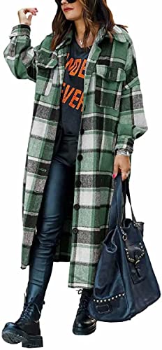 ASKSA Damen Kariertes Lange Hemdjacke Bluse Taschen Knöpfen Langarm Oversize Mantel Jacke Holzfällerjacke Mode Boyfriend Shacket Jacken(Grün,L) von ASKSA