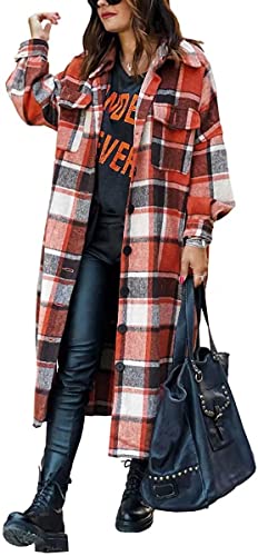 ASKSA Damen Kariertes Lange Hemdjacke Bluse Taschen Knöpfen Langarm Oversize Mantel Jacke Holzfällerjacke Mode Boyfriend Shacket Jacken(Orange Rot,XXL) von ASKSA