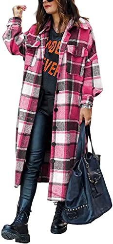 ASKSA Damen Kariertes Lange Hemdjacke Bluse Taschen Knöpfen Langarm Oversize Mantel Jacke Holzfällerjacke Mode Boyfriend Shacket Jacken(Rosenrot,L) von ASKSA