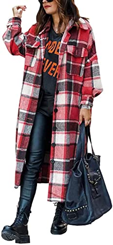 ASKSA Damen Kariertes Lange Hemdjacke Bluse Taschen Knöpfen Langarm Oversize Mantel Jacke Holzfällerjacke Mode Boyfriend Shacket Jacken(Rot,XL) von ASKSA