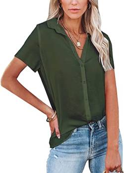 ASKSA Damen Knöpfen Blusen Kurzarm Shirt Elegant Hemden Einfarbig V-Ausschnitt Revers Casual Oberteile(Armeegrün,M) von ASKSA