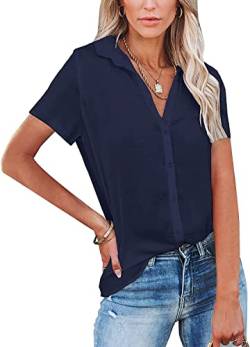 ASKSA Damen Knöpfen Blusen Kurzarm Shirt Elegant Hemden Einfarbig V-Ausschnitt Revers Casual Oberteile(Dunkelblau,L) von ASKSA