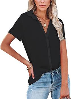 ASKSA Damen Knöpfen Blusen Kurzarm Shirt Elegant Hemden Einfarbig V-Ausschnitt Revers Casual Oberteile(Schwarz,M) von ASKSA