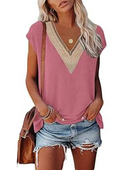 ASKSA Damen Kurzarm T-Shirt V-Ausschnitt Elegant Tunika Oberteile Sommer Lose Casual Tops (Rosa,XXL) von ASKSA