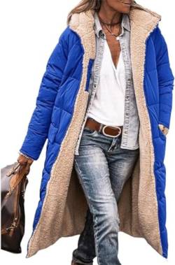 ASKSA Damen Lang Daunenmantel Warm Fleece Reversibel Winterjacke Kapuze Fleecejacke Daunenjacke Mantel (Blau,L) von ASKSA