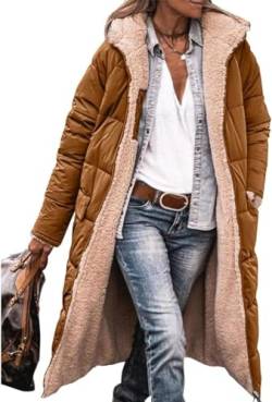 ASKSA Damen Lang Daunenmantel Warm Fleece Reversibel Winterjacke Kapuze Fleecejacke Daunenjacke Mantel (Braun,L) von ASKSA