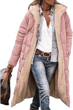 ASKSA Damen Lang Daunenmantel Warm Fleece Reversibel Winterjacke Kapuze Fleecejacke Daunenjacke Mantel (Hellpink,XL) von ASKSA