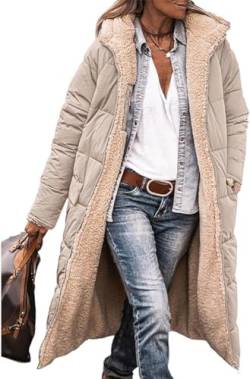 ASKSA Damen Lang Daunenmantel Warm Fleece Reversibel Winterjacke Kapuze Fleecejacke Daunenjacke Mantel (Khaki,L) von ASKSA