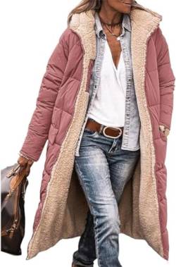 ASKSA Damen Lang Daunenmantel Warm Fleece Reversibel Winterjacke Kapuze Fleecejacke Daunenjacke Mantel (Rosa,XXL) von ASKSA